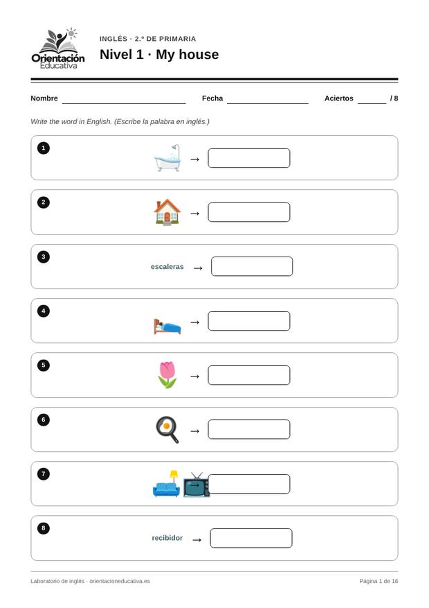 Ficha de inglés para 2.º de Primaria: My house