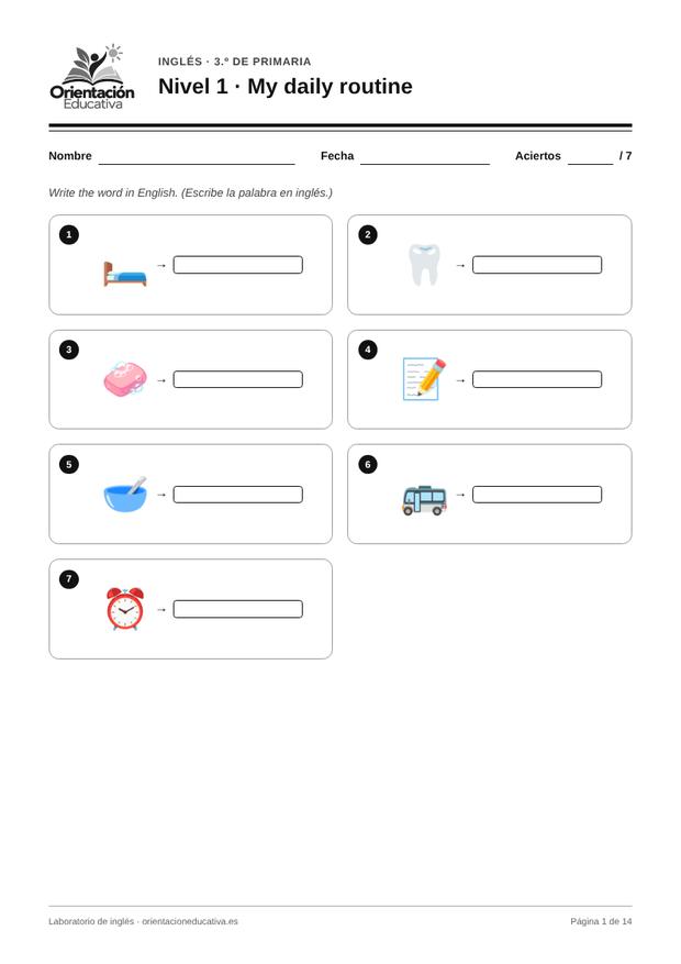 Ficha de inglés para 3.º de Primaria: My daily routine