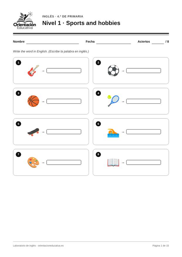 Ficha de inglés para 4.º de Primaria: Sports and hobbies