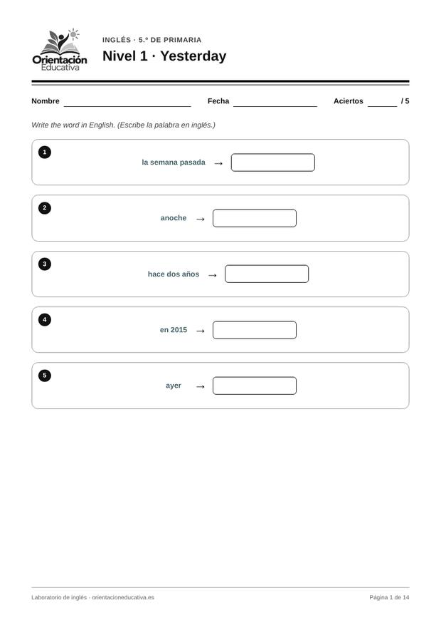 Ficha de inglés para 5.º de Primaria: Yesterday