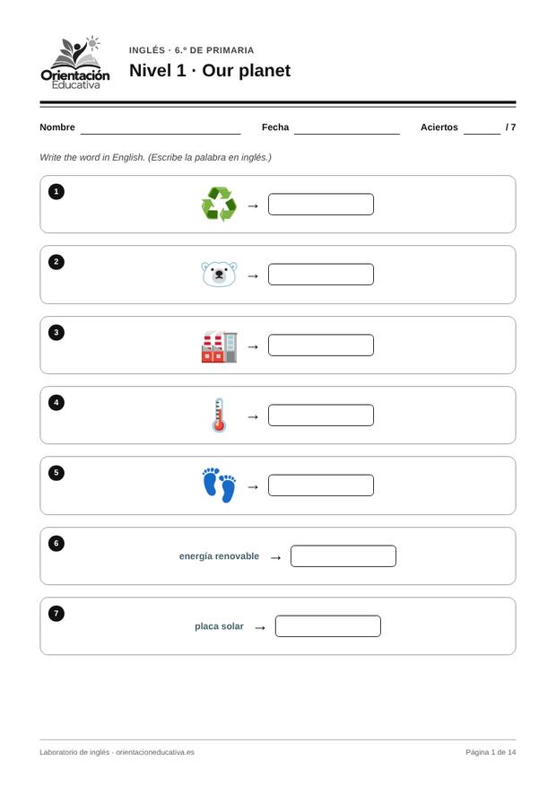 Ficha de inglés para 6.º de Primaria: Our planet