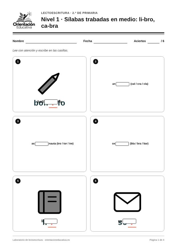 Ficha de lectoescritura para 2.º de Primaria: Sílabas trabadas en medio: li-bro, ca-bra