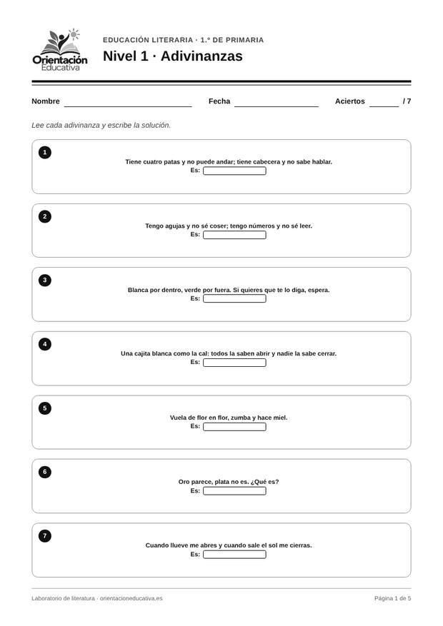 Ficha de literatura para 1.º de Primaria: Adivinanzas