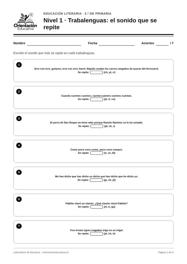 Ficha de literatura para 2.º de Primaria: Trabalenguas: el sonido que se repite