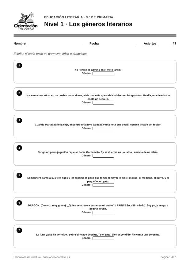 Ficha de literatura para 3.º de Primaria: Los géneros literarios