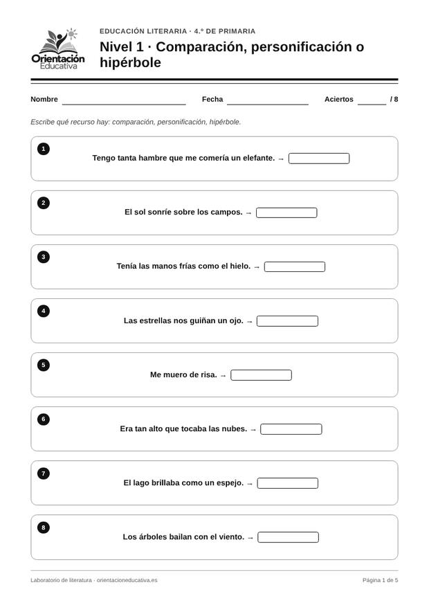 Ficha de literatura para 4.º de Primaria: Comparación, personificación o hipérbole