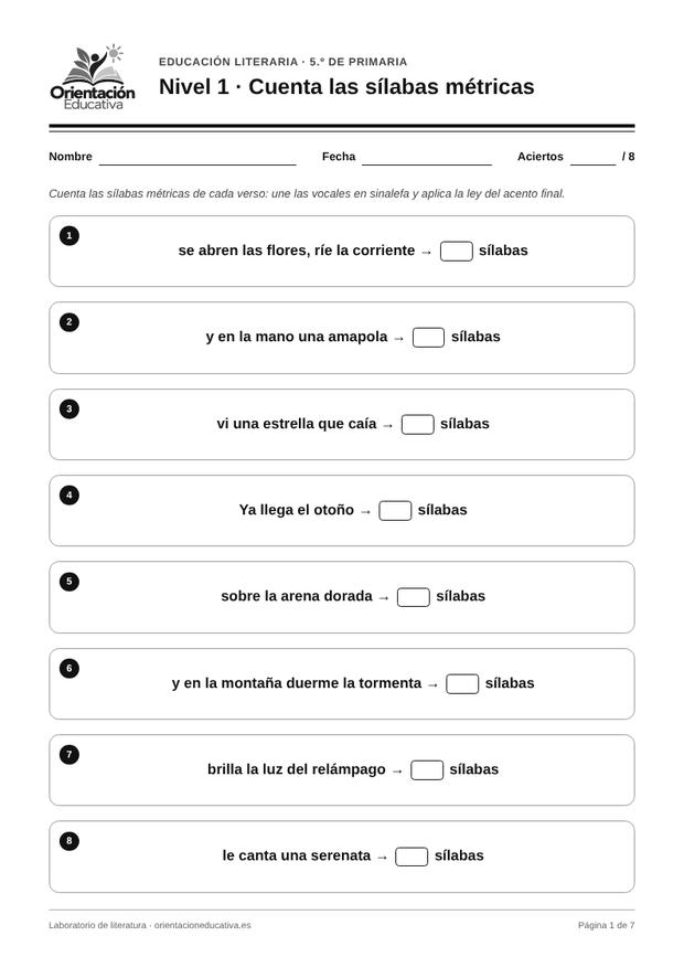 Ficha de literatura para 5.º de Primaria: Cuenta las sílabas métricas