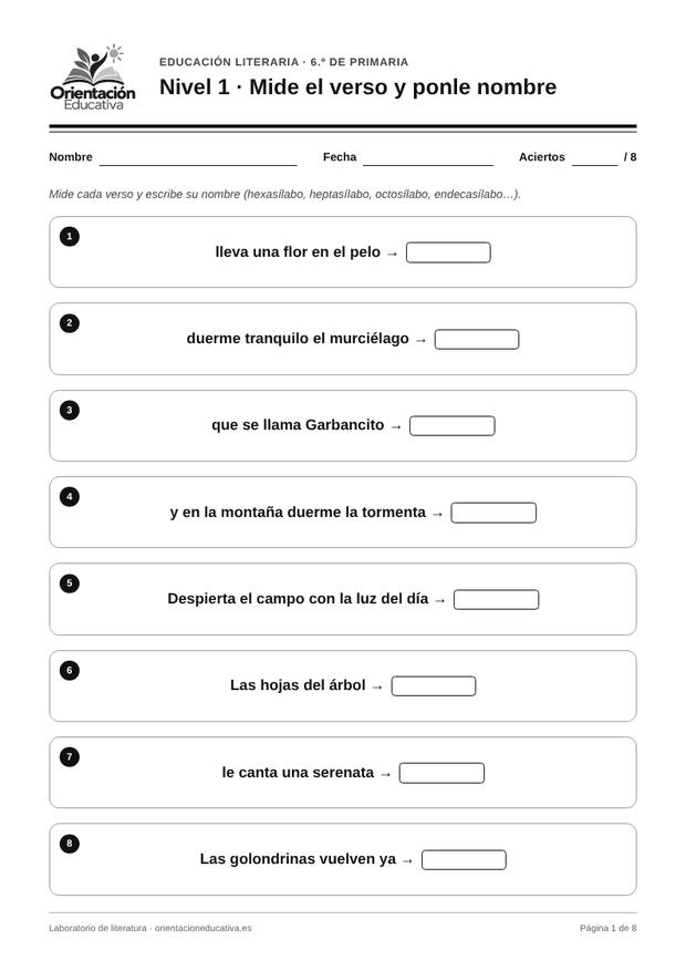Ficha de literatura para 6.º de Primaria: Mide el verso y ponle nombre
