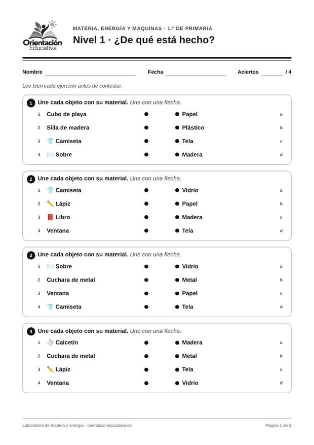 Ficha de materia y energía para 1.º de Primaria: ¿De qué está hecho?