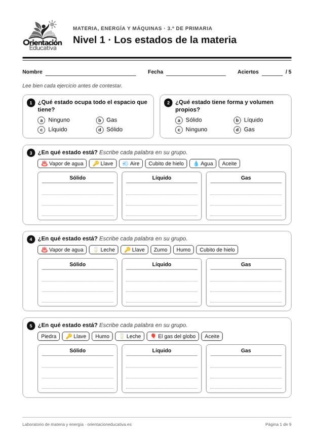 Ficha de materia y energía para 3.º de Primaria: Los estados de la materia