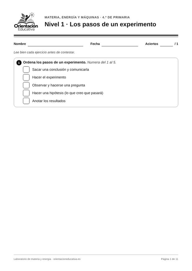 Ficha de materia y energía para 4.º de Primaria: Los pasos de un experimento