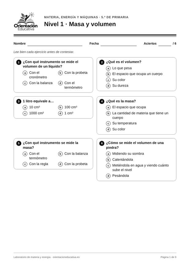 Ficha de materia y energía para 5.º de Primaria: Masa y volumen