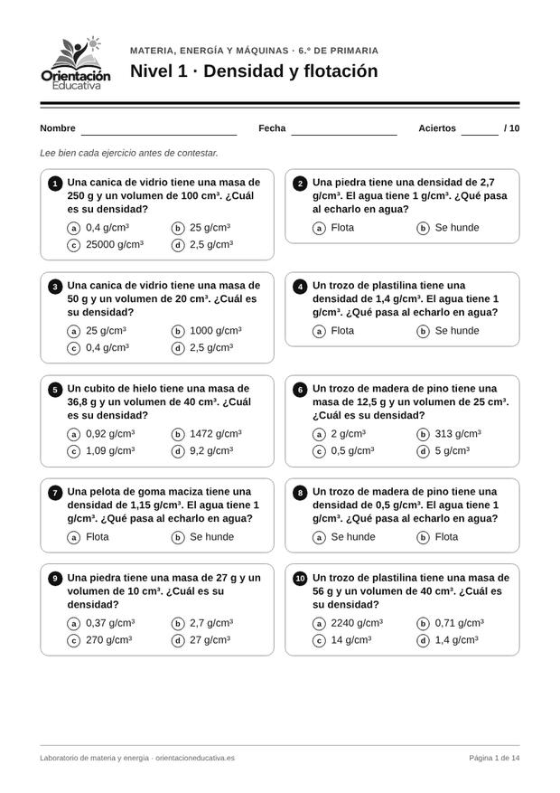 Ficha de materia y energía para 6.º de Primaria: Densidad y flotación