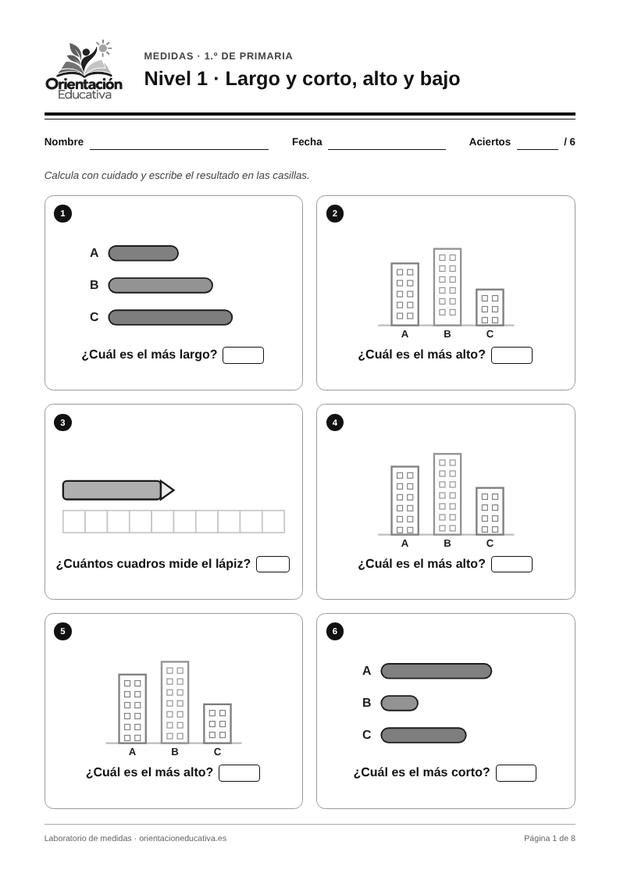 Ficha de medidas para 1.º de Primaria: Largo y corto, alto y bajo