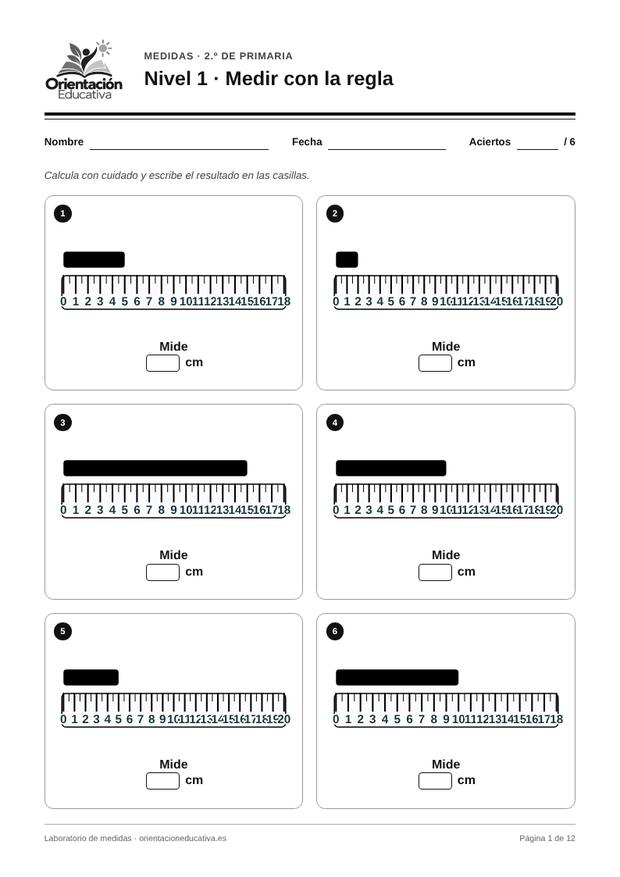 Ficha de medidas para 2.º de Primaria: Medir con la regla