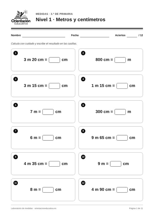 Ficha de medidas para 3.º de Primaria: Metros y centímetros
