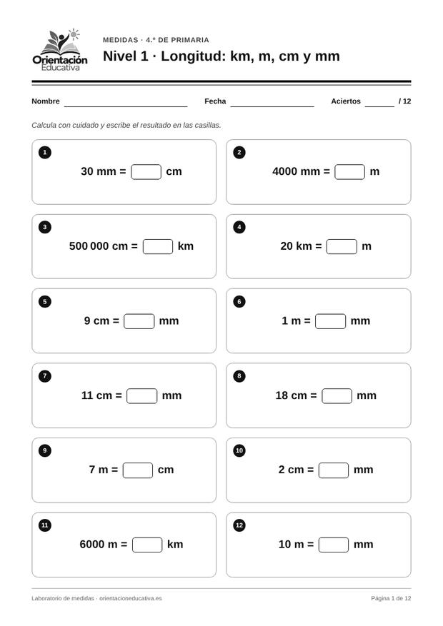 Ficha de medidas para 4.º de Primaria: Longitud: km, m, cm y mm