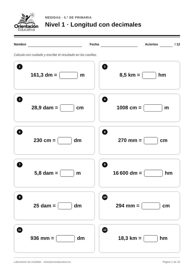 Ficha de medidas para 5.º de Primaria: Longitud con decimales