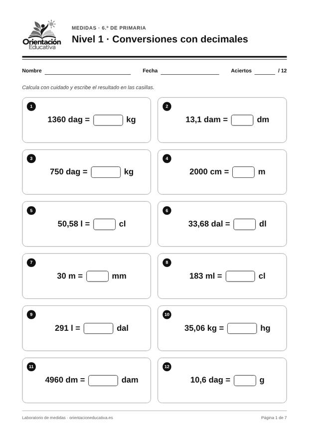 Ficha de medidas para 6.º de Primaria: Conversiones con decimales
