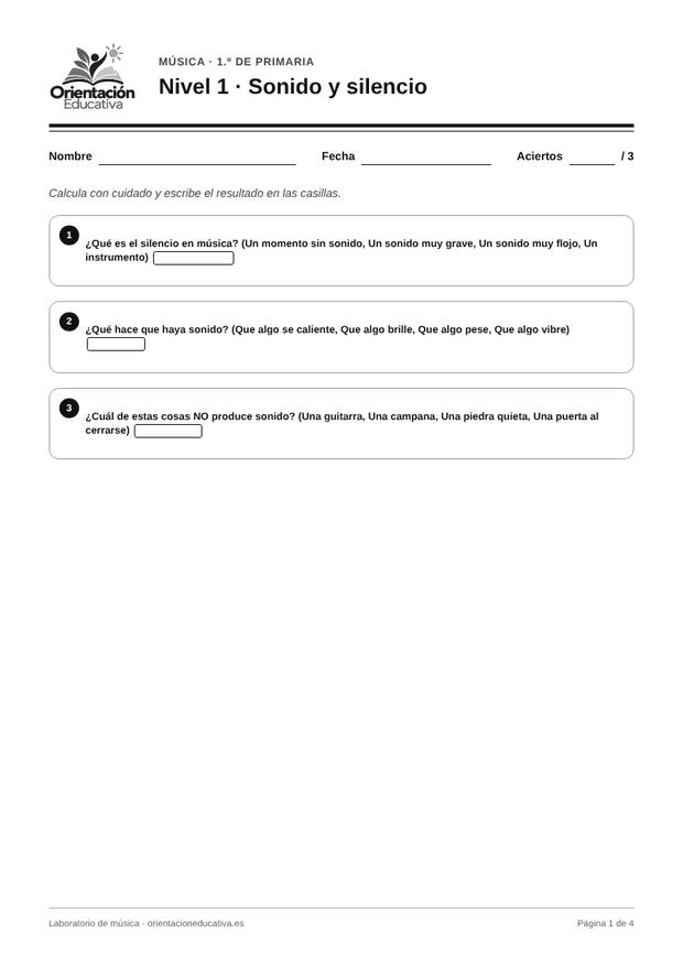 Ficha de musica para 1.º de Primaria: Sonido y silencio