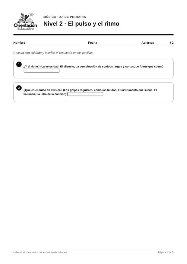 Ficha de musica para 2.º de Primaria: El pulso y el ritmo