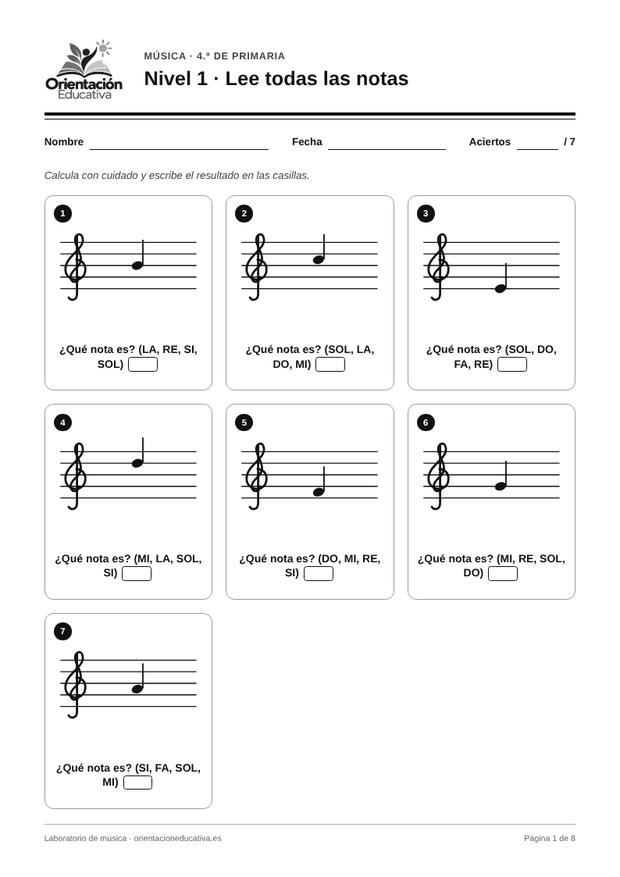 Ficha de musica para 4.º de Primaria: Lee todas las notas