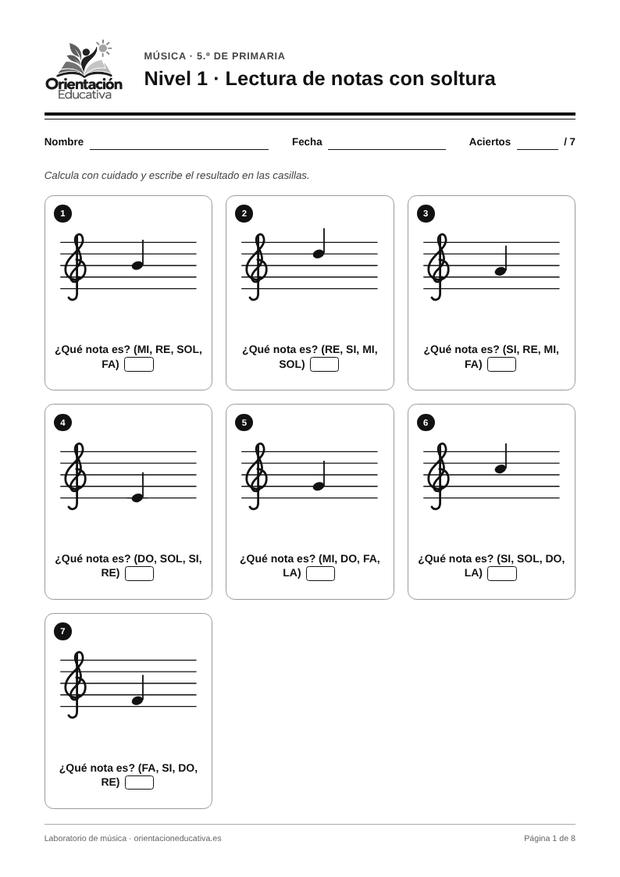 Ficha de musica para 5.º de Primaria: Lectura de notas con soltura