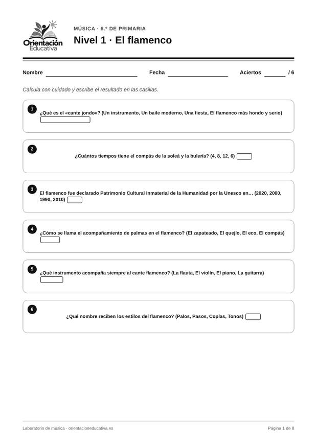 Ficha de musica para 6.º de Primaria: El flamenco