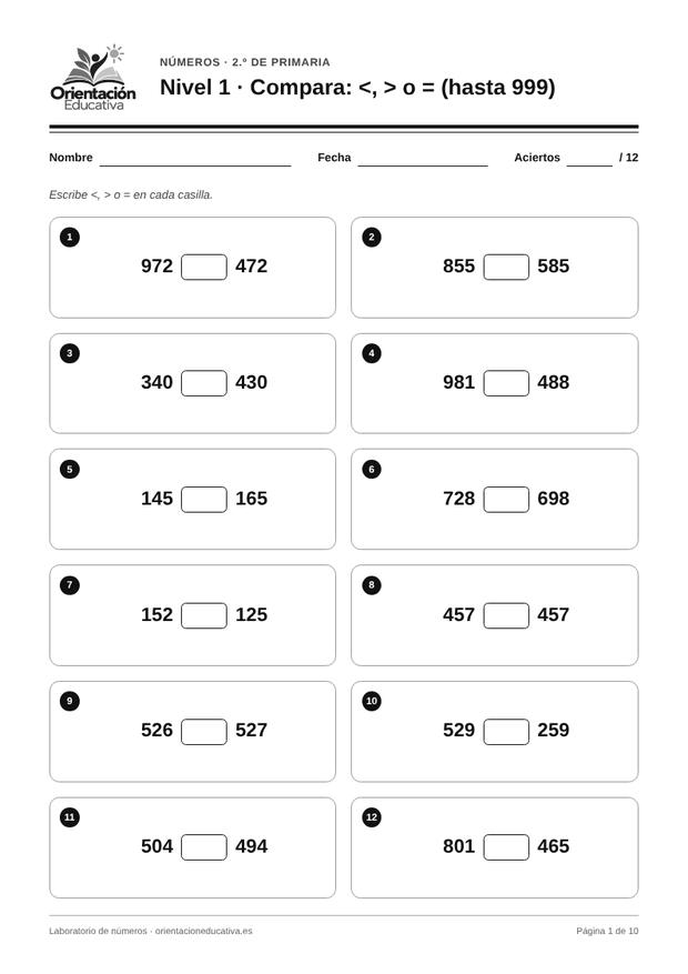 Ficha de números para 2.º de Primaria: Compara: <, > o = (hasta 999)