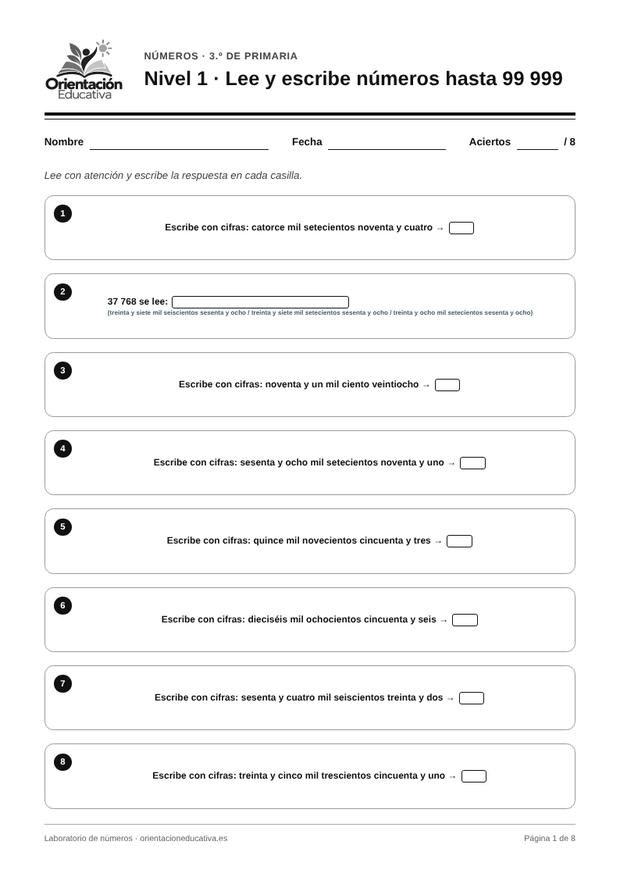 Ficha de números para 3.º de Primaria: Lee y escribe números hasta 99 999