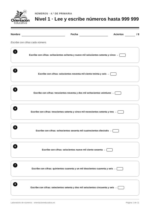 Ficha de números para 4.º de Primaria: Lee y escribe números hasta 999 999