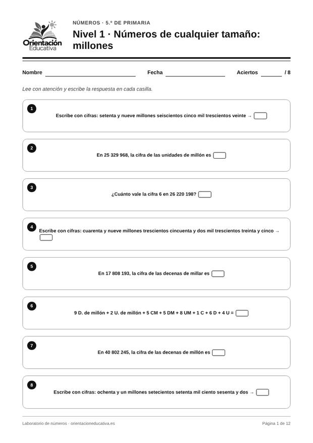 Ficha de números para 5.º de Primaria: Números de cualquier tamaño: millones