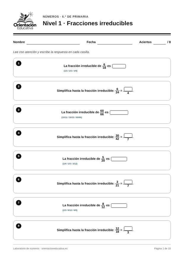 Ficha de números para 6.º de Primaria: Fracciones irreducibles