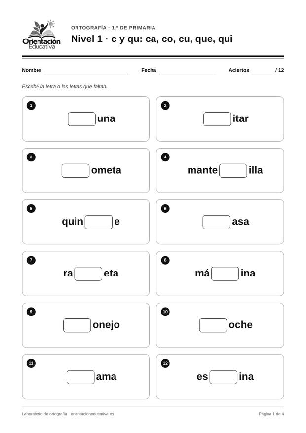 Ficha de ortografía para 1.º de Primaria: c y qu: ca, co, cu, que, qui