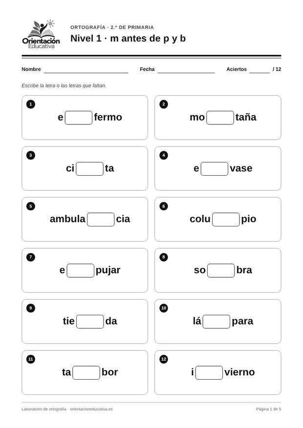 Ficha de ortografía para 2.º de Primaria: m antes de p y b