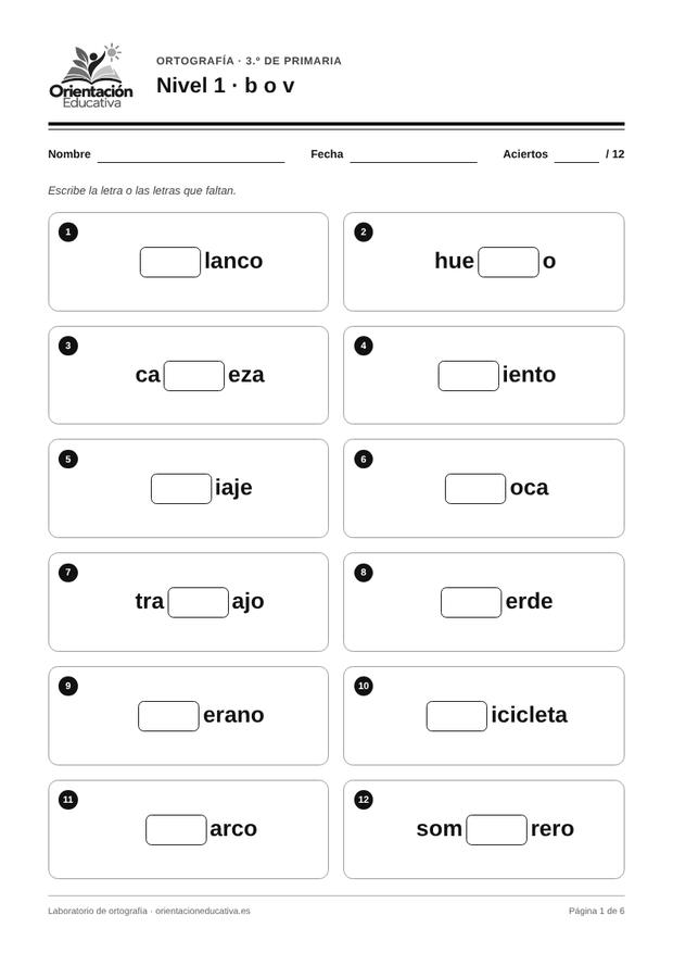 Ficha de ortografía para 3.º de Primaria: b o v