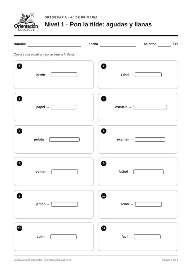 Ficha de ortografía para 4.º de Primaria: Pon la tilde: agudas y llanas