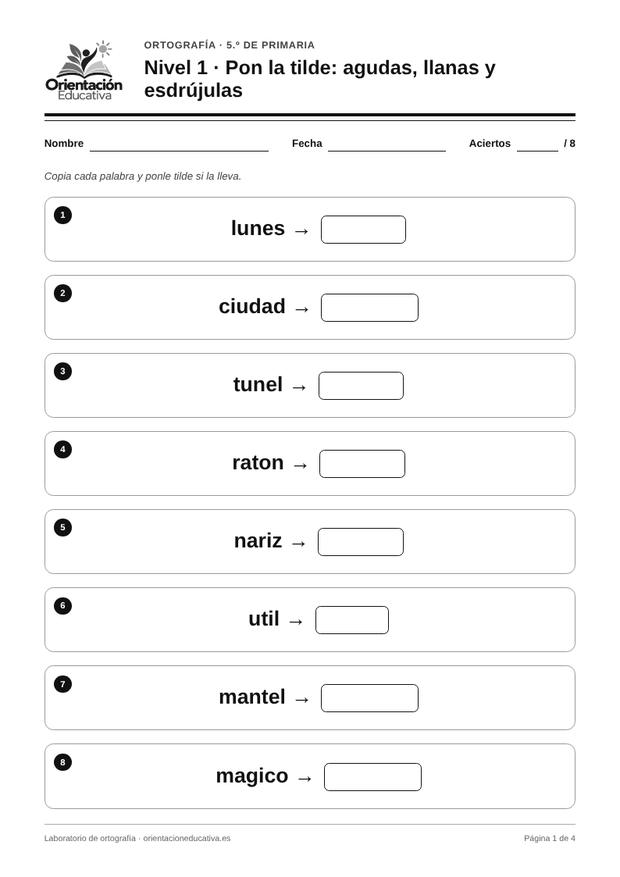 Ficha de ortografía para 5.º de Primaria: Pon la tilde: agudas, llanas y esdrújulas