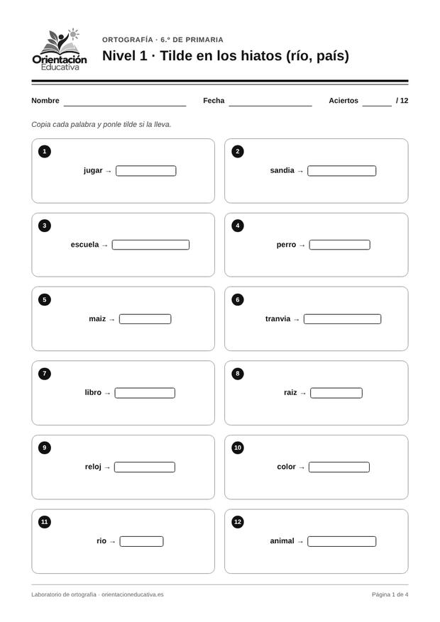 Ficha de ortografía para 6.º de Primaria: Tilde en los hiatos (río, país)