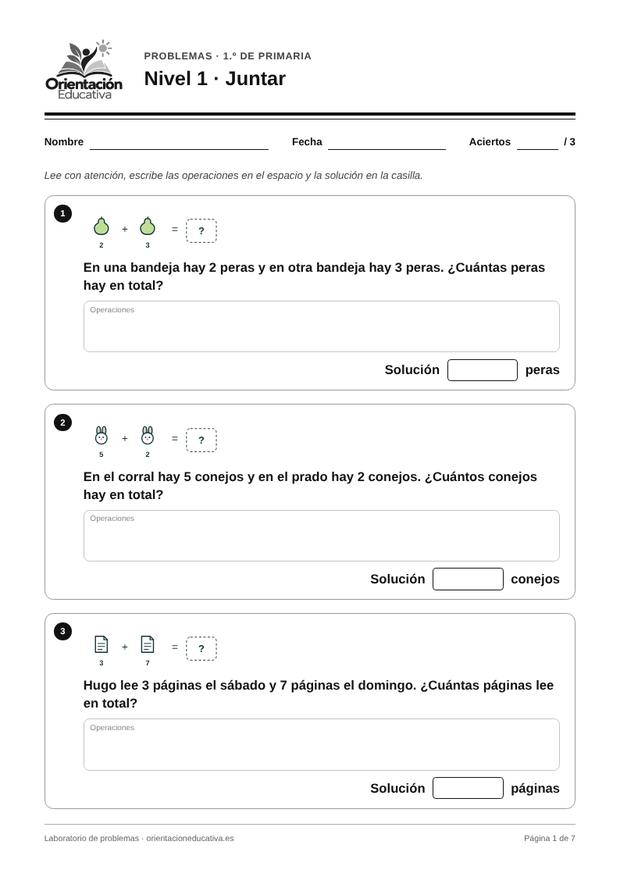 Ficha de problemas para 1.º de Primaria: Juntar