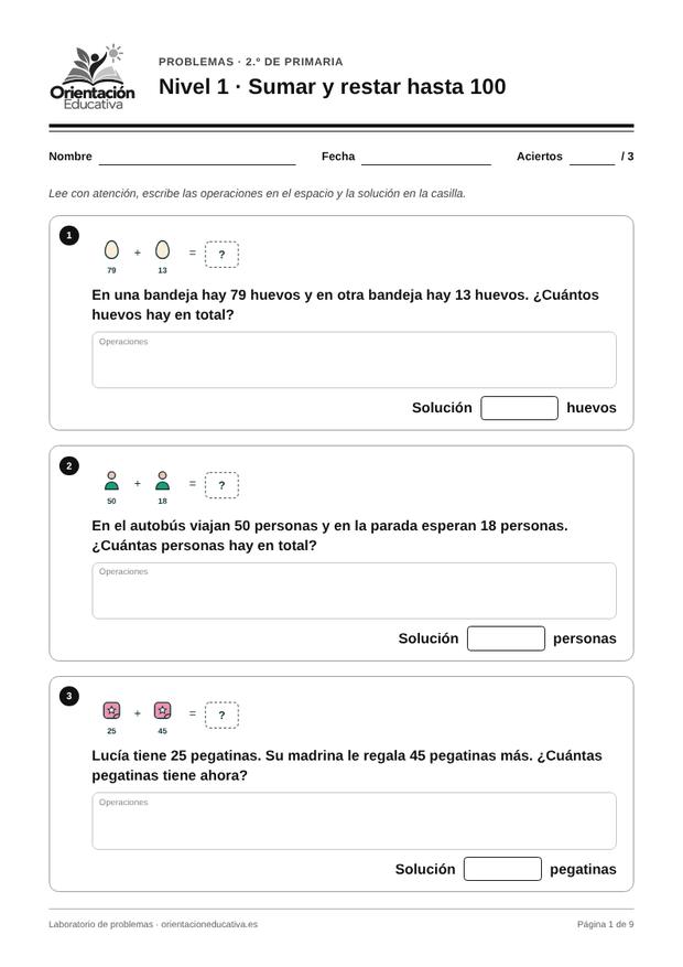 Ficha de problemas para 2.º de Primaria: Sumar y restar hasta 100
