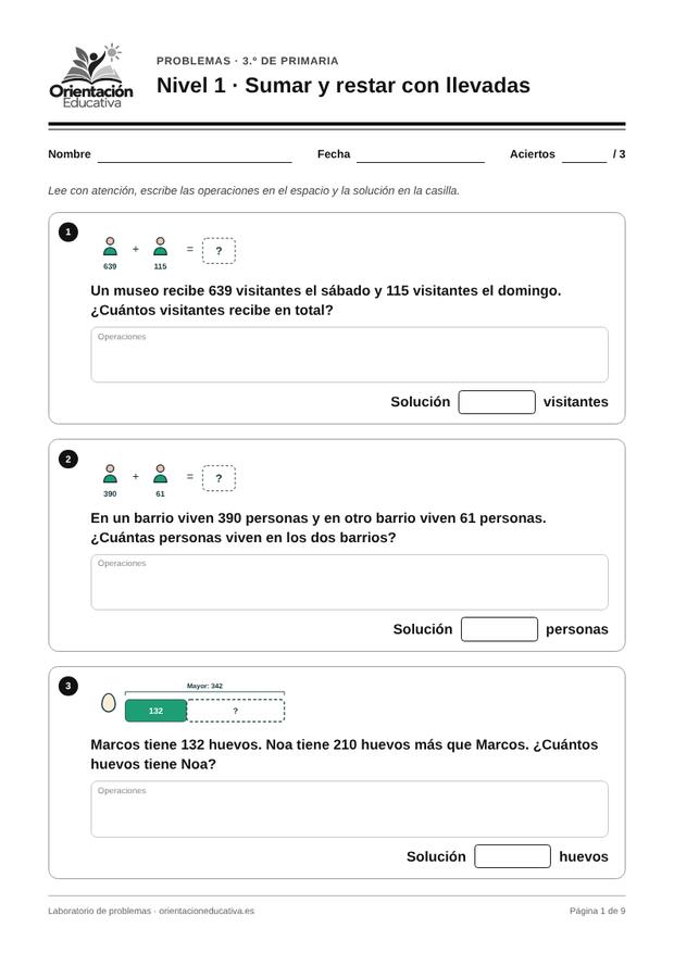 Ficha de problemas para 3.º de Primaria: Sumar y restar con llevadas