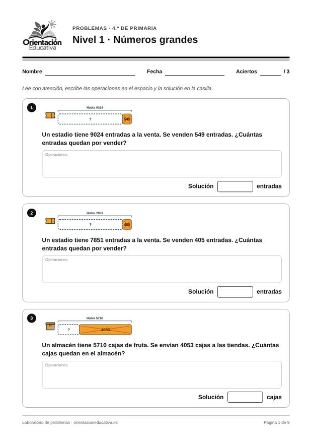 Ficha de problemas para 4.º de Primaria: Números grandes