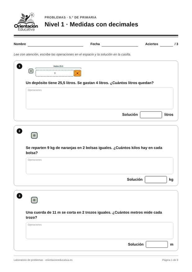 Ficha de problemas para 5.º de Primaria: Medidas con decimales