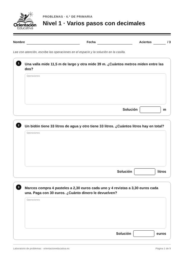 Ficha de problemas para 6.º de Primaria: Varios pasos con decimales