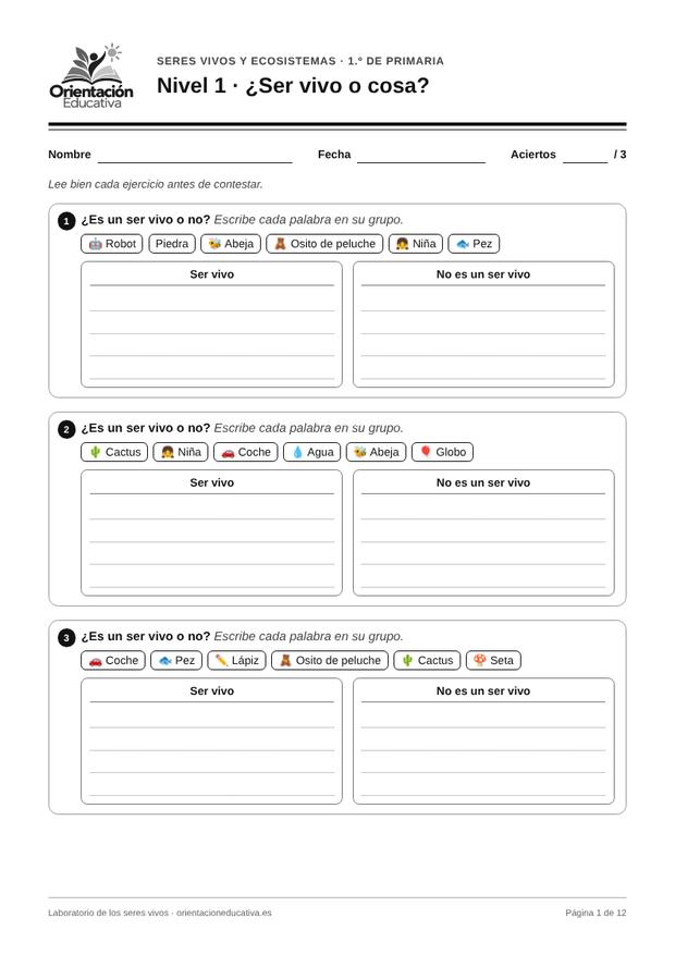 Ficha de seres vivos para 1.º de Primaria: ¿Ser vivo o cosa?