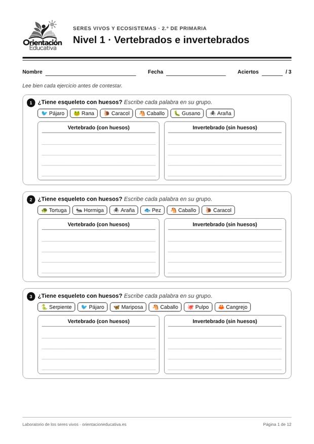 Ficha de seres vivos para 2.º de Primaria: Vertebrados e invertebrados
