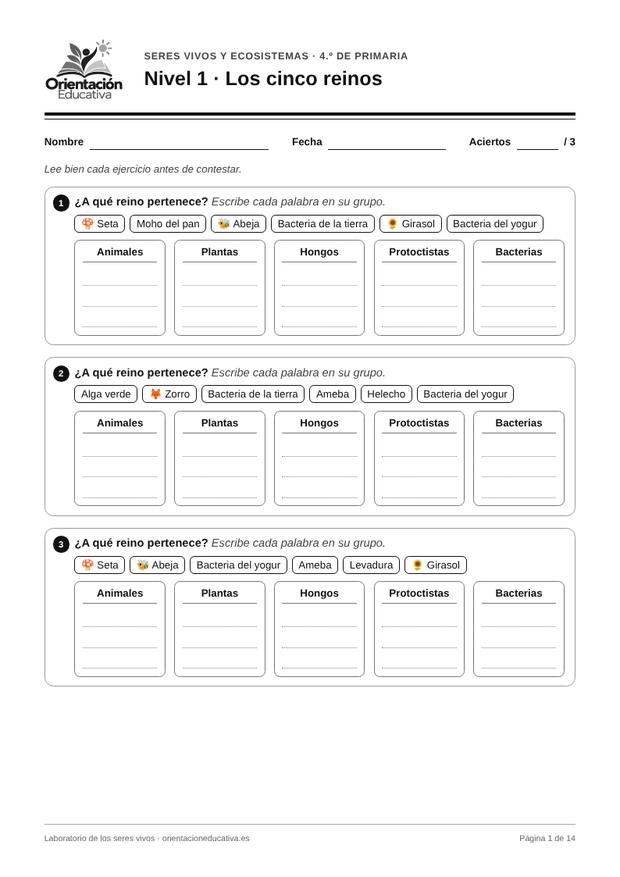Ficha de seres vivos para 4.º de Primaria: Los cinco reinos