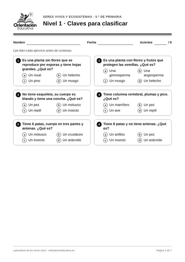 Ficha de seres vivos para 5.º de Primaria: Claves para clasificar