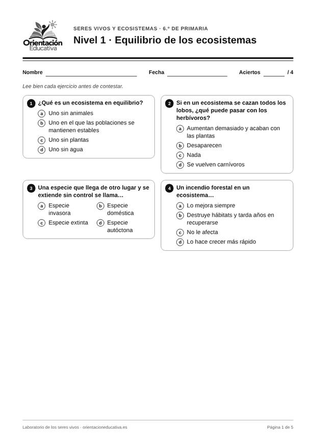 Ficha de seres vivos para 6.º de Primaria: Equilibrio de los ecosistemas
